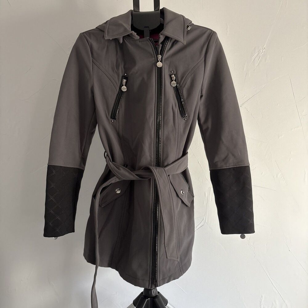 Betsey Johnson Gray Black Belted Softshell Rain Jacket Hooded Women Size Large
